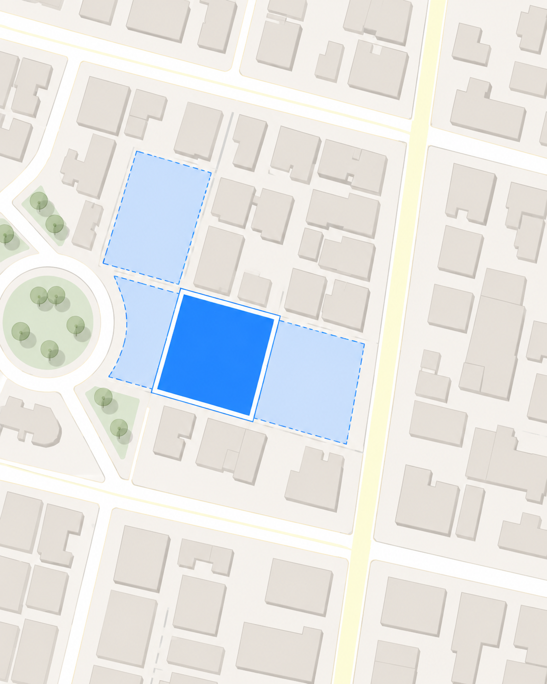 Plano ilustrativo de un terreno seleccionado junto a una plaza y parcelas vecinas
